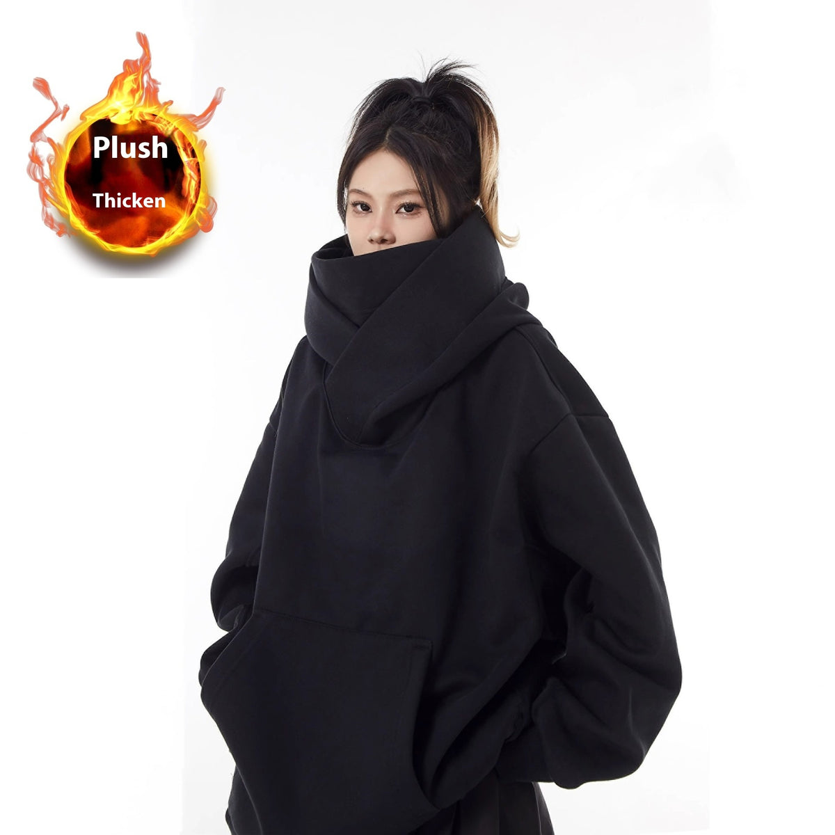 Loose High Collar Fleece Lined Hoodie - MegaEssentials